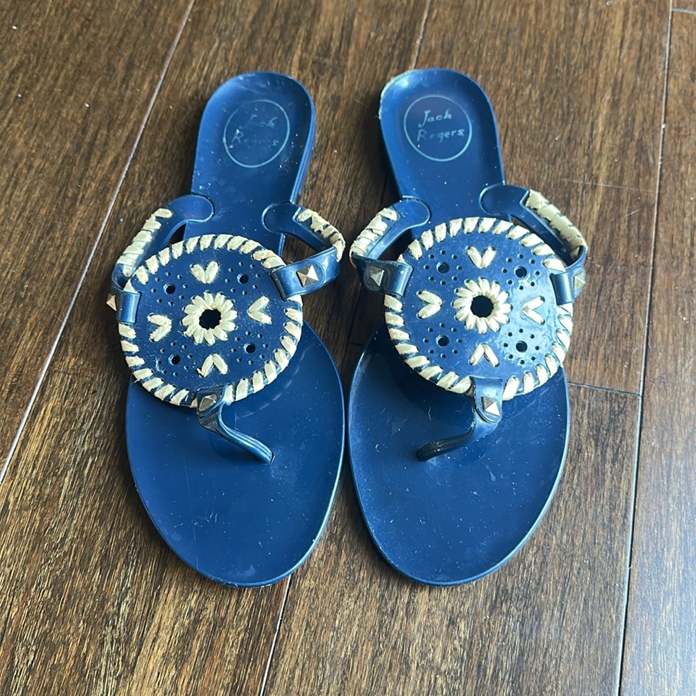 Jack Rogers Dark Blue Sandals with Tan Accents - Size 8 - Picture 1 of 8